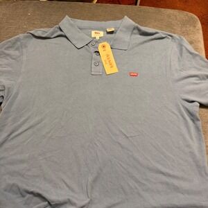 Levis Mens Short Sleeve Polo Shirt Blue Pique Cotton Red Batwing Logo XXL‎ New